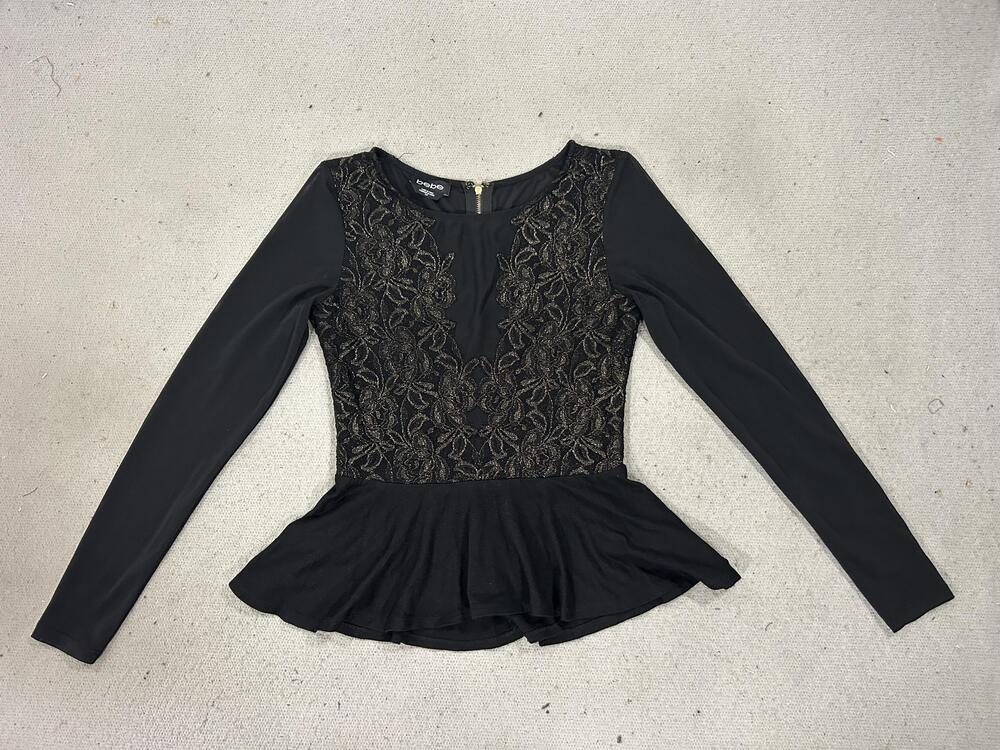 Y2K bebe Shirt Womens Small Black Lace Peplum Metallic Whimsigoth Dark Fairy